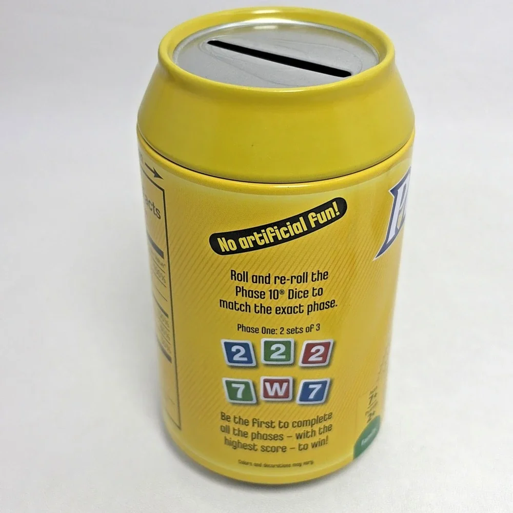 Phase 10 Dice Game Yellow Tin Soda Can 100% Complete Family Mattel 2011